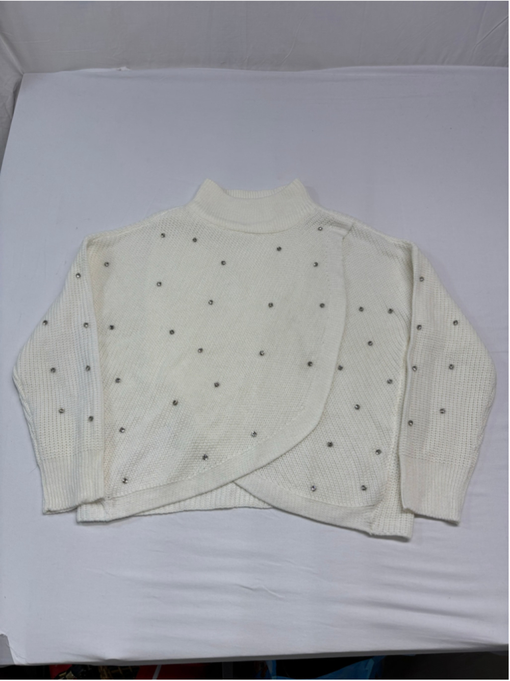 Women's Lily Morgan White Rhinestone Studded Wrap Hem Mock Neck Sweater - XL 790 - Picture 5 of 8